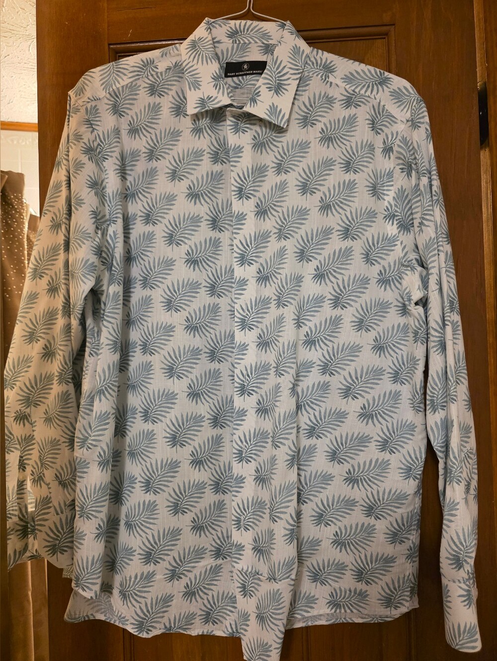 Hart Schaffner Marx Men's Leaf Print Cotton Button-Up Shirt White Green - Large